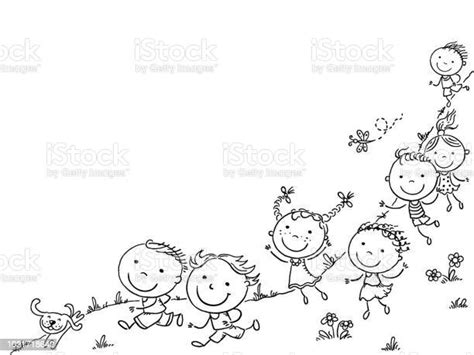 Happy Cartoon Kids Running Vector Frame With A Copy Space Arte