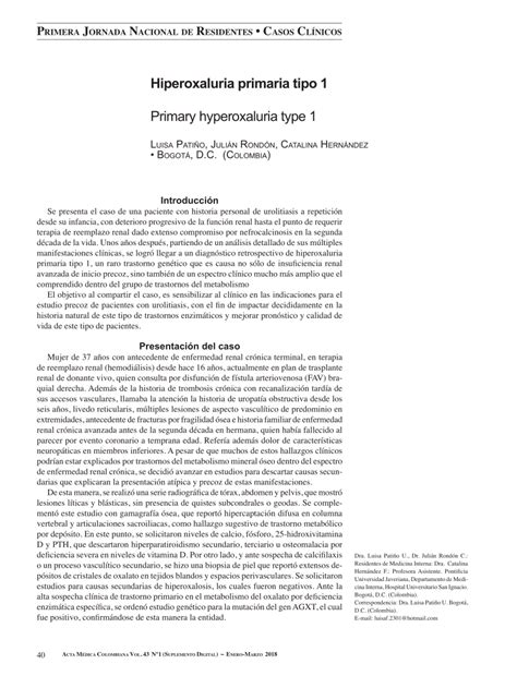 Pdf Hiperoxaluria Primaria Tipo 1 A Propósito De Un Caso