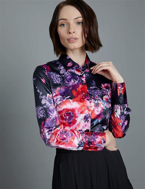 Womens Navy And Pink Floral Fitted Satin Shirt Single Cuff Silk Outfit Blouse Outfit Dress