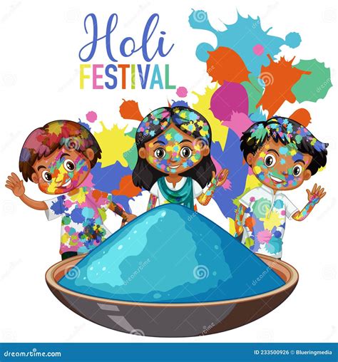Happy Holi Fastival With Kids Cartoon Character Stock Vector