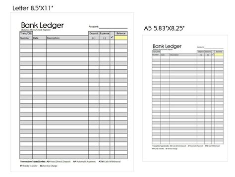 Printable Minimalist Bank Ledger Check Register Balance Sheet