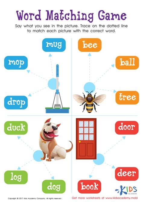 Word Matching Game Worksheet Free Printable For Kids