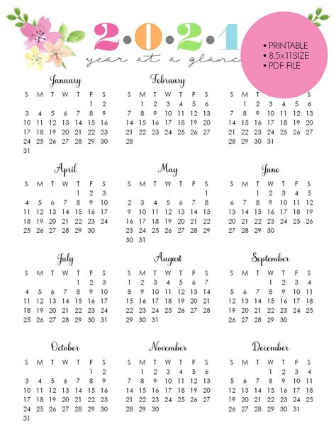 Printable 2021 Year At A Glance 85x11 Wall Etsy Watercolor Flowers