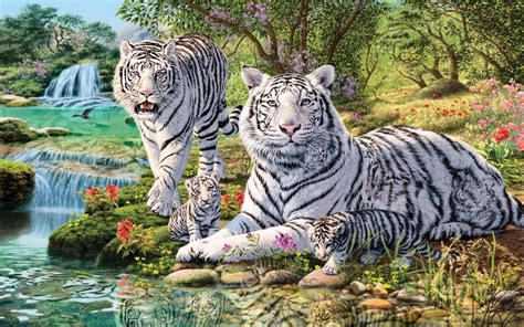 Animals White Tiger And Two Cubs Jungle Waterfall Art