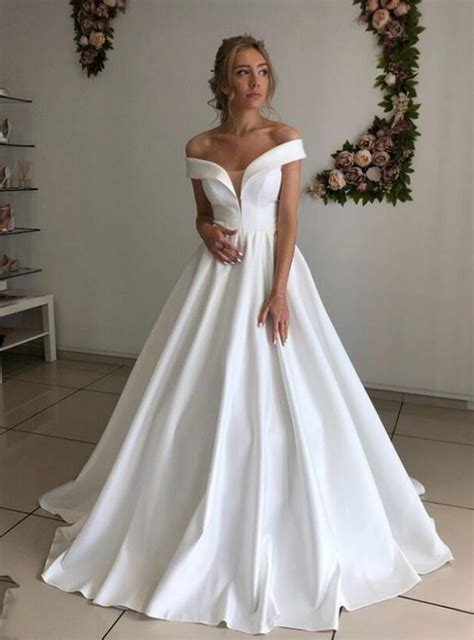 A Line White Satin Off The Shoulder Formal Wedding Dress Lace Wedding