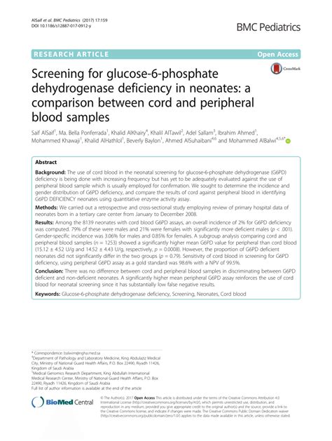 Pdf Screening For Glucose 6 Phosphate Dehydrogenase Deficiency In Neonates A Comparison