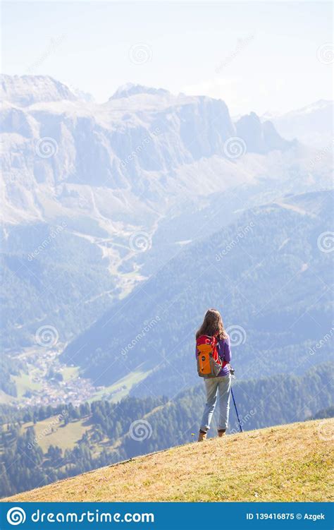 Tourist Girl At The Dolomites Stock Image Image Of Landscape
