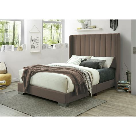 Shandi Channel Tufted Linen Blend Bed Frame With High Headboard Brown