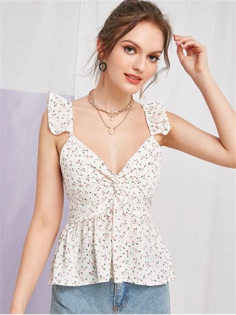 29 Off 2021 Smocked Ditsy Floral Twist Tank Top In White Zaful