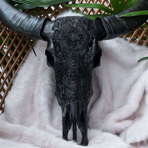 Hand Carved Buffalo Skull Black Flat Flower 1 Aureus Arts Touch