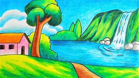 Easy Waterfall Scenery Drawing With Oilpastels Step By Stephow To Draw