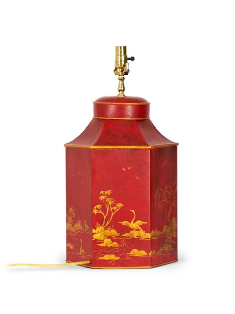 Vintage English Chinoiserie Red And Gold Hexagonal Hand Painted Tole