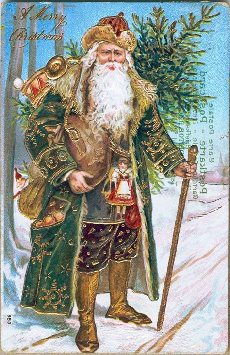 A Postcard With A Gold Embellished Santa Claus In A Green Coat Is Issued In Germany