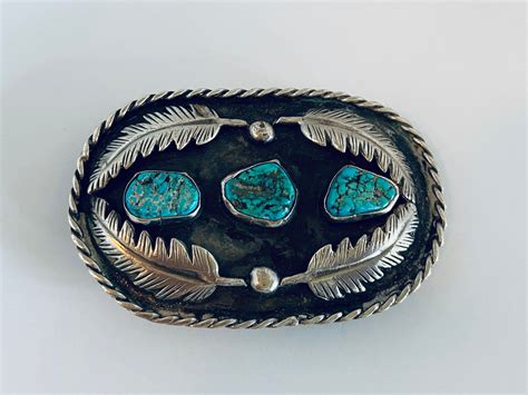 Striking Sterling And Natural Turquoise Belt Buckle W Sterling Leaves