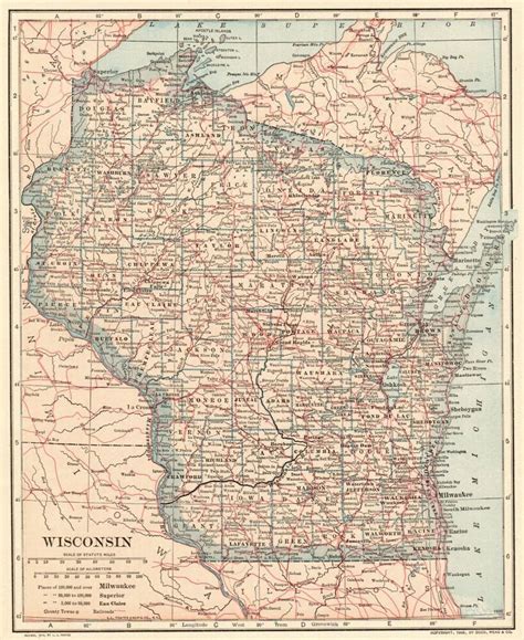 1908 Antique Wisconsin State Map Vintage Collectible Map Of Wisconsin