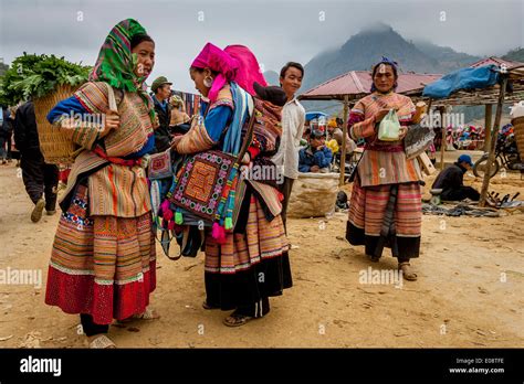 Flower Hmong People At The Ethnic Market In Can Cau, Lao Cai Stock ...