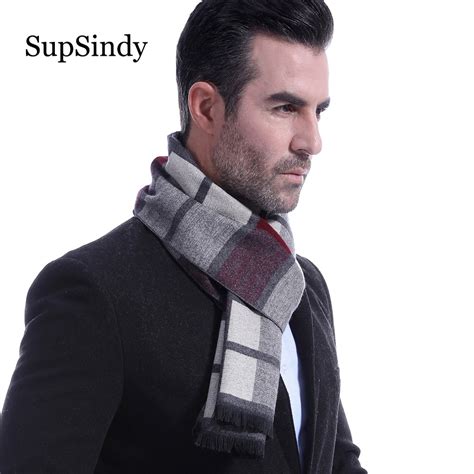 Supsindy Winter Scarf Men Vintage Soft Gray Plaid Scarves Luxury Shawl