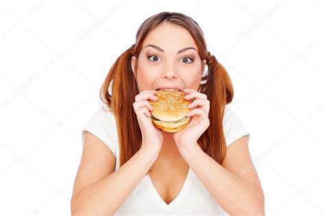Pretty Woman Eating Burger With Gusto — Stock Photo © Konstantynov 5181977