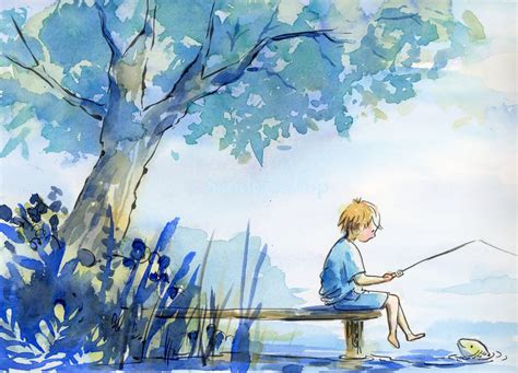 Watercolor Giclee Print Postcard Art Boy Fishing At Lake Etsy In 2022