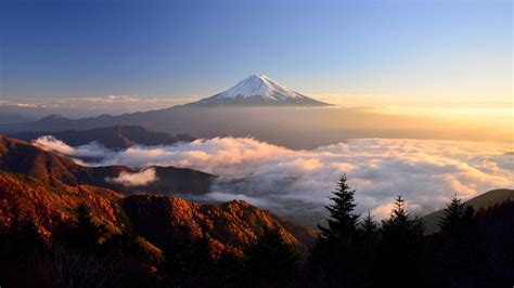 Mount Fuji Clouds Trees Sky Nature Landscape Mist Sunlight Top View Wallpapers Hd