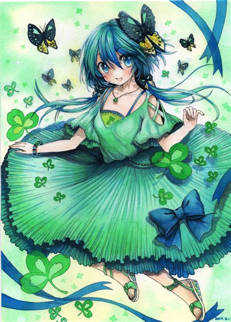 Safebooru 1girl Aqua Eyes Aqua Hair Blush Butterfly Clover Dress Jewelry Long Hair Mosho