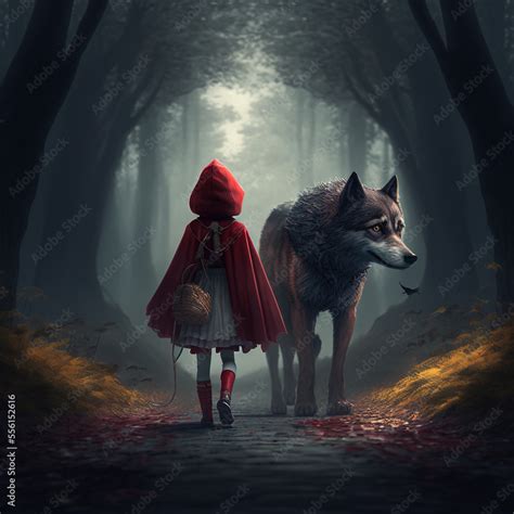 Little Red Riding Hood With A Wolf In The Forest Stock Illustration