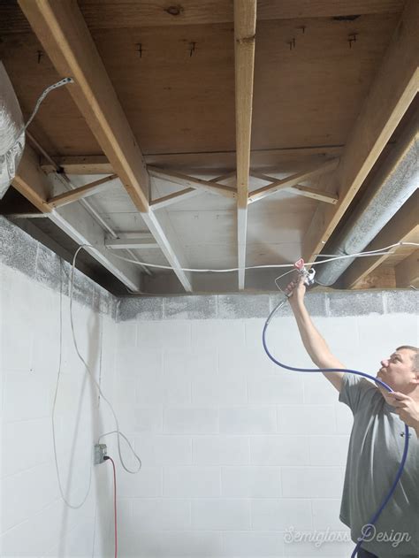 Exposed trusses exposed ceilings wood ceilings vaulted ceilings home design interior design kitchen design ideas open ceiling ceiling beams. How to Paint an Unfinished Basement Ceiling - Semigloss Design