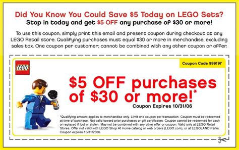 Lego Coupon 5 Off Purchases Of 30 Or More Spudart