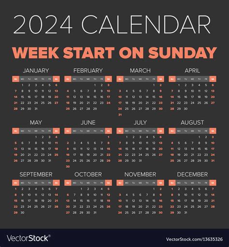 Simple 2024 Year Calendar Royalty Free Vector Image