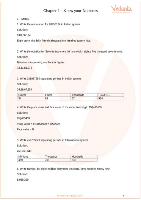 Worksheet for class 1 maths : Important Questions for CBSE Class 6 Maths Chapter 1 - Knowing Our Numbers