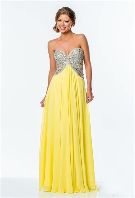 A Line Empire Waist Yellow Chiffon Beaded Long Evening Prom Dress Low Back