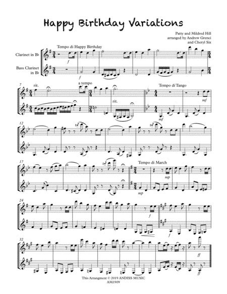 Happy Birthday Variations Clarinet Duet Arr Andrew Grenci And Cheryl Six Sheet Music Patty