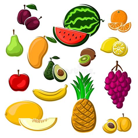 Juicy Fresh Fruits Set In Cartoon Style Stock Vector Illustration Of