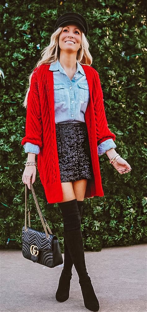 10 Glamorous Winter Outfits To Copy Now Red Cardigan Outfits Winter