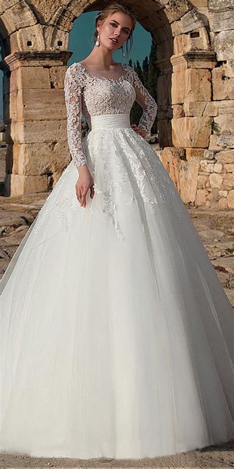 modest tulle jewel neckline a line wedding dress with beaded lace appliques aline wedding