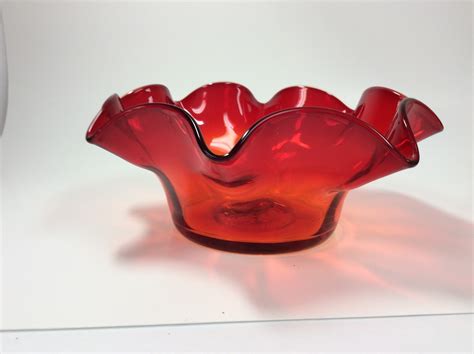 Blenko Glass Vintage 3744x Ruffled Bowl In Tangerine Crackle