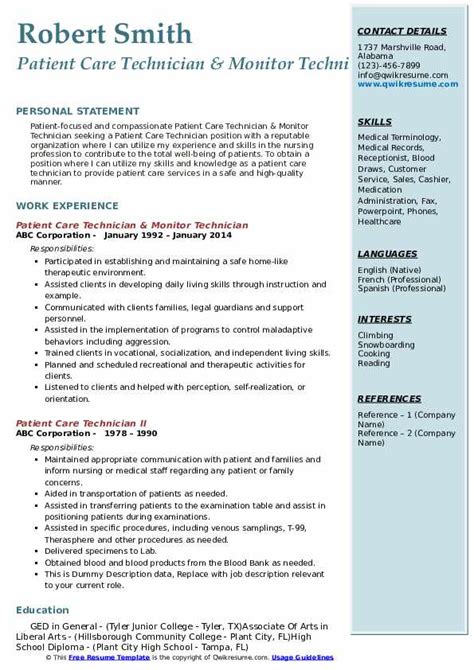 Patient Care Technician Resume Samples Qwikresume