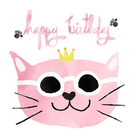Watercolour Pink Funny Cat With Crown Happy Birthday Card 370121 Vector