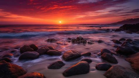 A Vibrant Sunset Over A Calm Ocean With Hues Of Pink Orange And Purple
