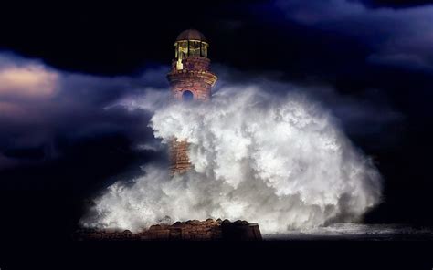 Download Wave Storm Ocean Sea Night Man Made Lighthouse Hd Wallpaper