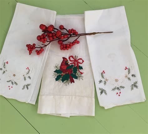 Vintage Christmas Linens Set Of Three Embroidered Christmas Tea