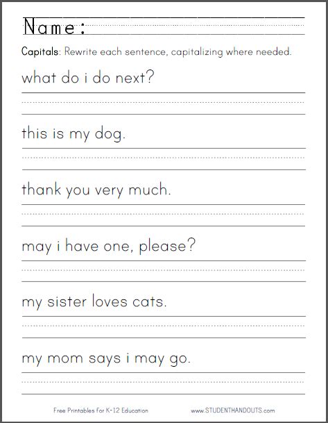 Capitalization Worksheets For Kindergarten Printable Kindergarten