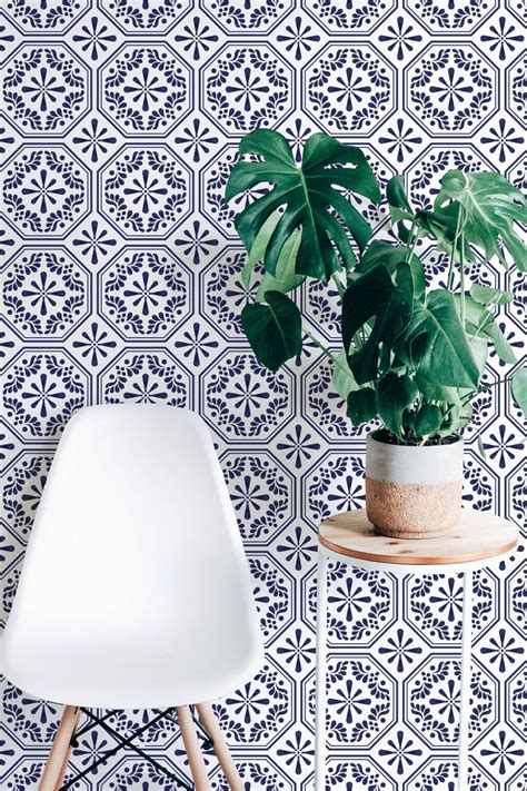 Blue And White Tile Pattern Peel And Stick Wallpaper Fancy Walls