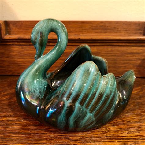 Blue Mountain Pottery Swan Planter Bowl Green Drip Ware Mid Etsy