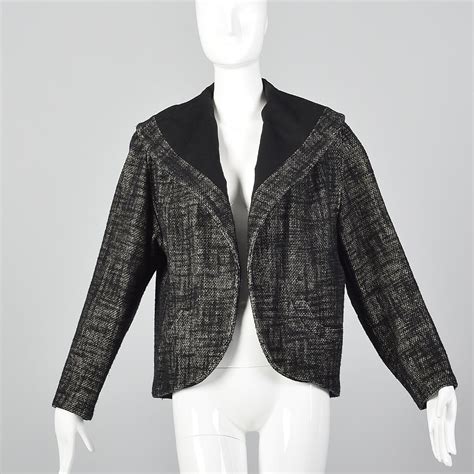 Medium 1950s Tweed Swing Coat Black Vintage Heavy Win Gem
