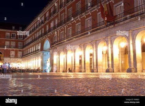 Spain Madrid Plaza Mayor Restaurant At Night Stock Photo Alamy