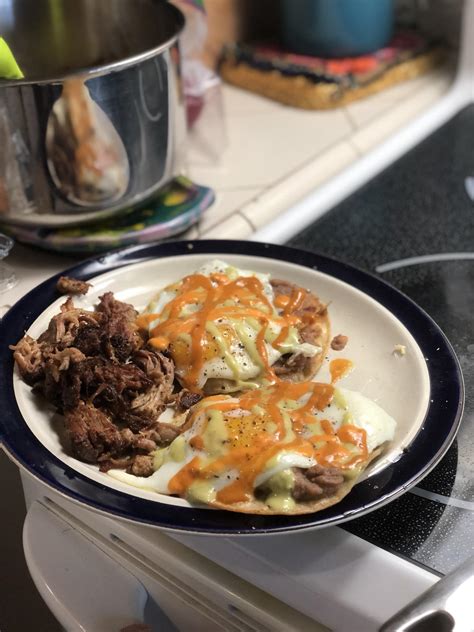 [homemade] Huevos Rancheros With Crispy Carnitas And Tres Salsas R Food