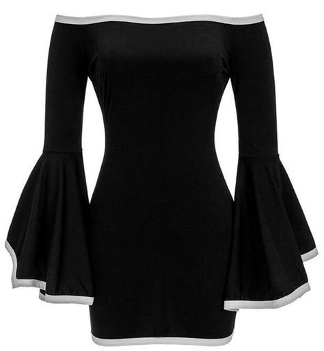 Womens Sexy Off The Shoulder Asymmetric Hem Flare Sleeve Bodycon Mini Dress Black Bodycon
