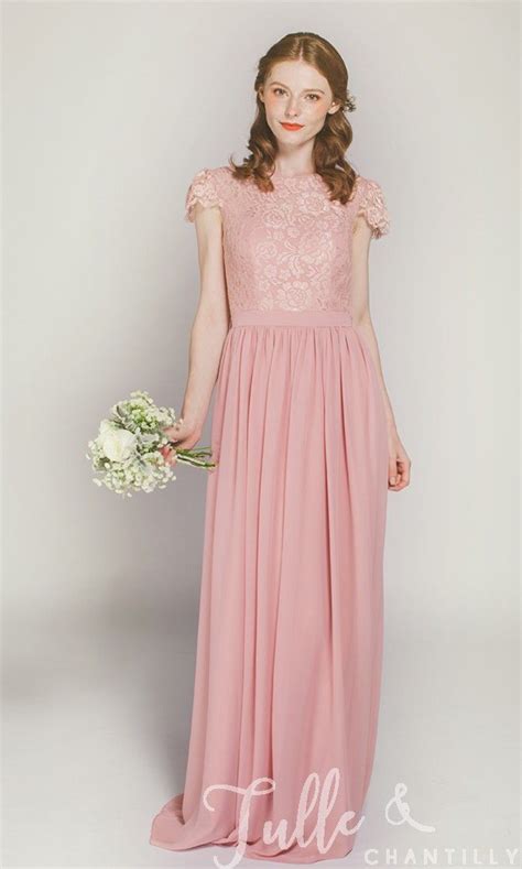 Cap Sleeves Long Lace And Chiffon Bridesmaid Dress Tbqp322d Click For