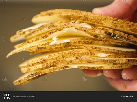 Person Holding Stack Of Uncooked Potato Chips stock photo - OFFSET